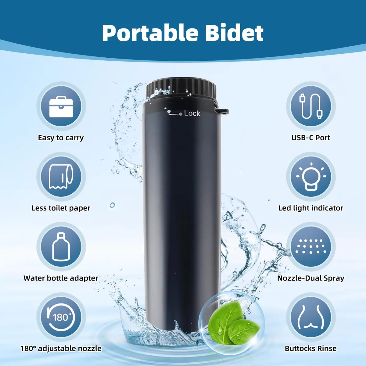 Hibbent Portable Bidet for Travel | High Pressure Handheld Electric Sprayer, Rechargeable, Personal Hygiene, Postpartum Care, Black - view 3