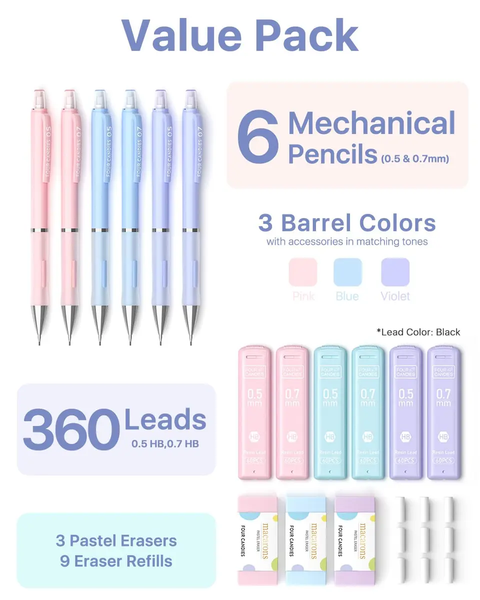 Four Candies Pastel Mechanical Pencil Set with Case, 6 Count (0.5mm & 0.7mm Lead) | Smooth Writing & Erasable - view 6