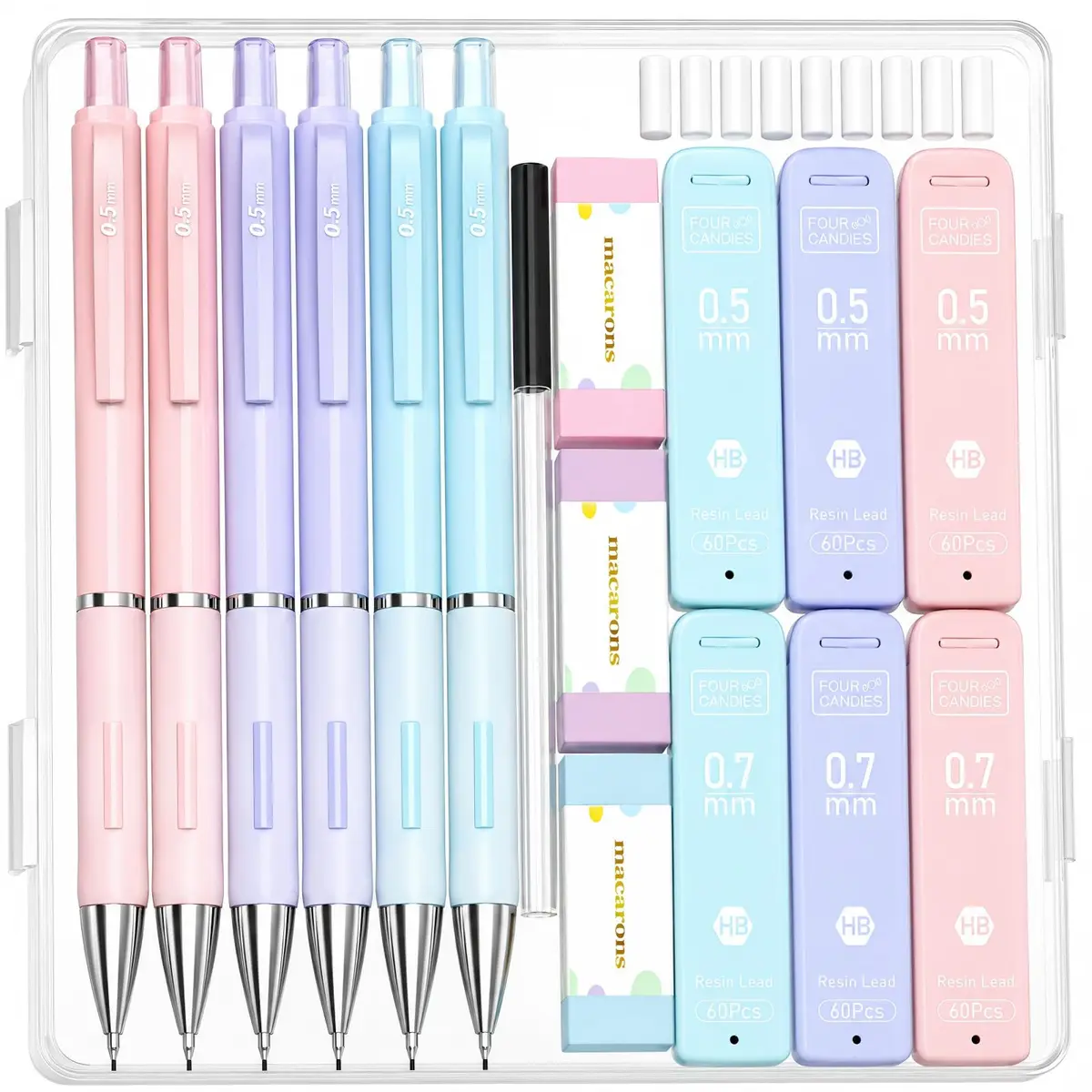 Four Candies Pastel Mechanical Pencil Set with Case, 6 Count (0.5mm & 0.7mm Lead) | Smooth Writing & Erasable - main product image