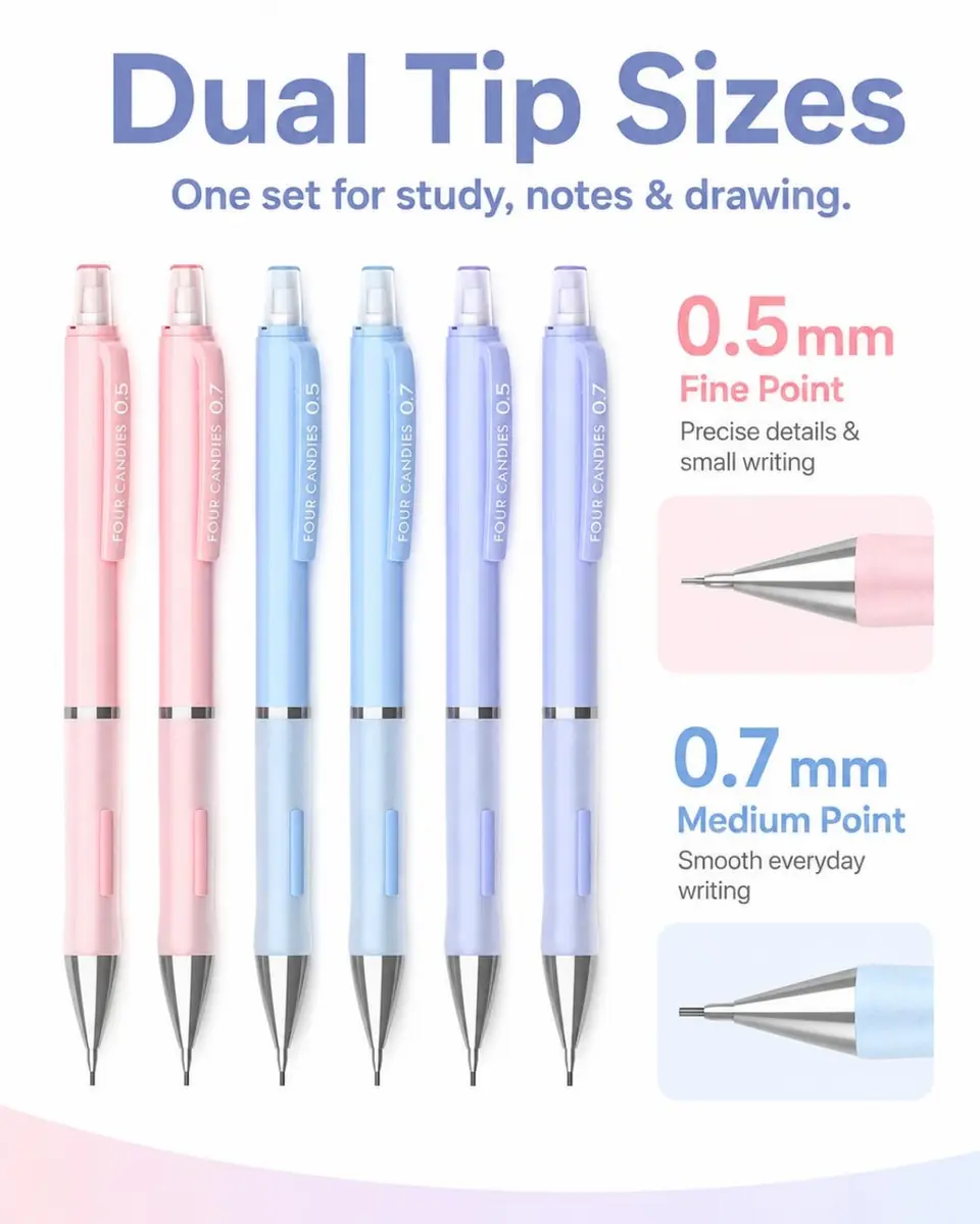 Four Candies Pastel Mechanical Pencil Set with Case, 6 Count (0.5mm & 0.7mm Lead) | Smooth Writing & Erasable - view 2
