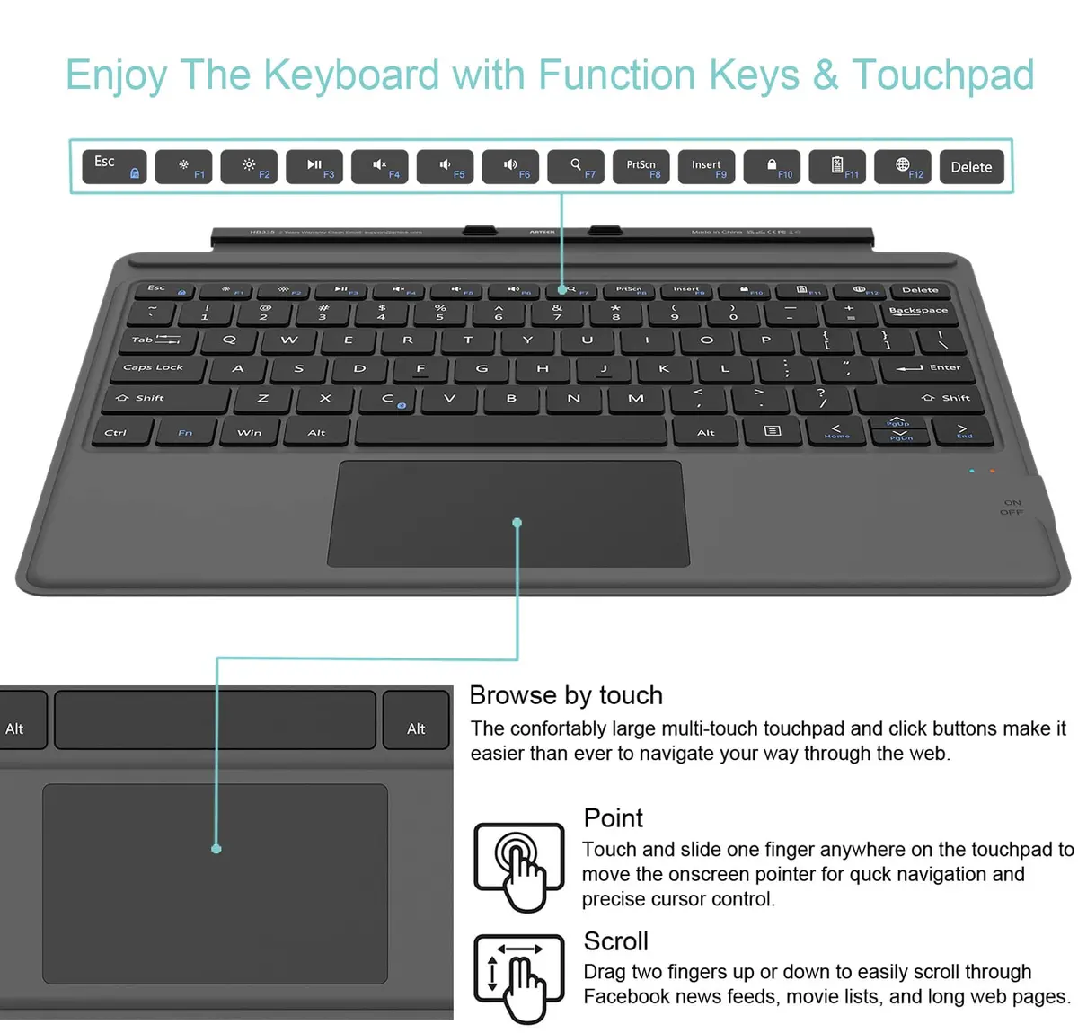 Arteck Bluetooth Keyboard for Surface Pro 10/9/8/X with Touchpad & Rechargeable Battery | Ultra-Slim Portable Wireless Type Cover - view 4