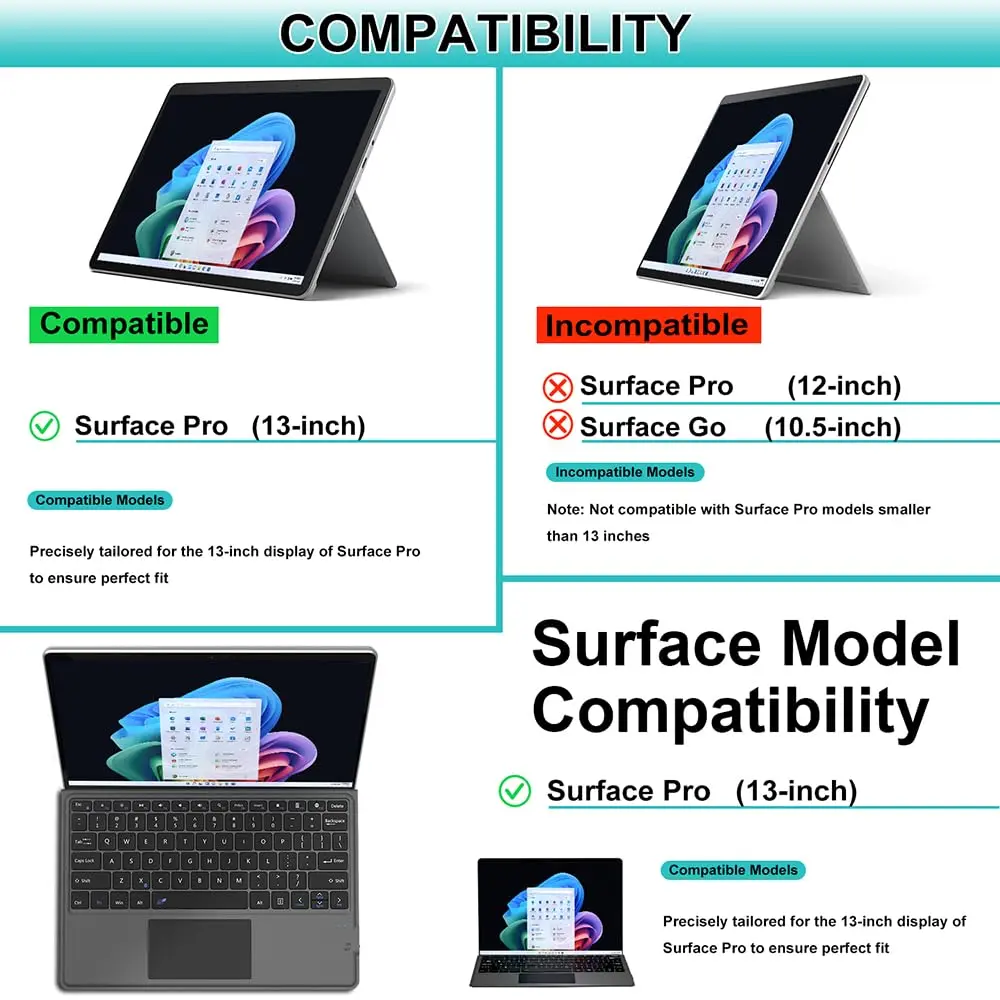 Arteck Bluetooth Keyboard for Surface Pro 10/9/8/X with Touchpad & Rechargeable Battery | Ultra-Slim Portable Wireless Type Cover - view 2