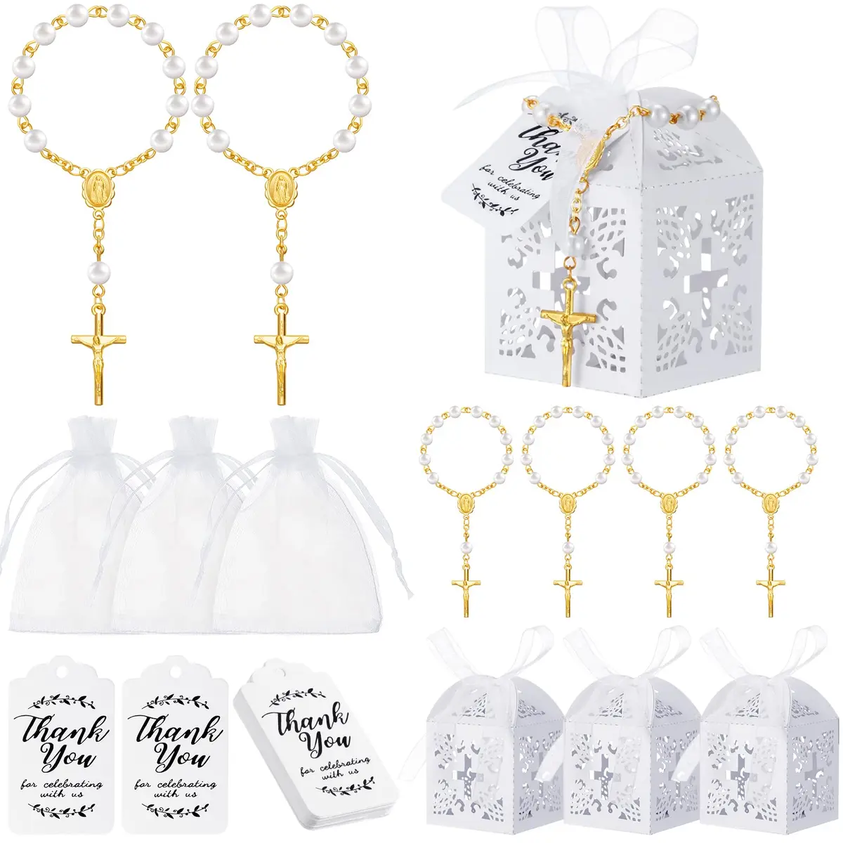 Yinkin Gold Party Favor Sets | 100 Pieces Baptism & Wedding Gifts (4.5 inch Rosaries, Boxes, Bags, Tags) - main product image