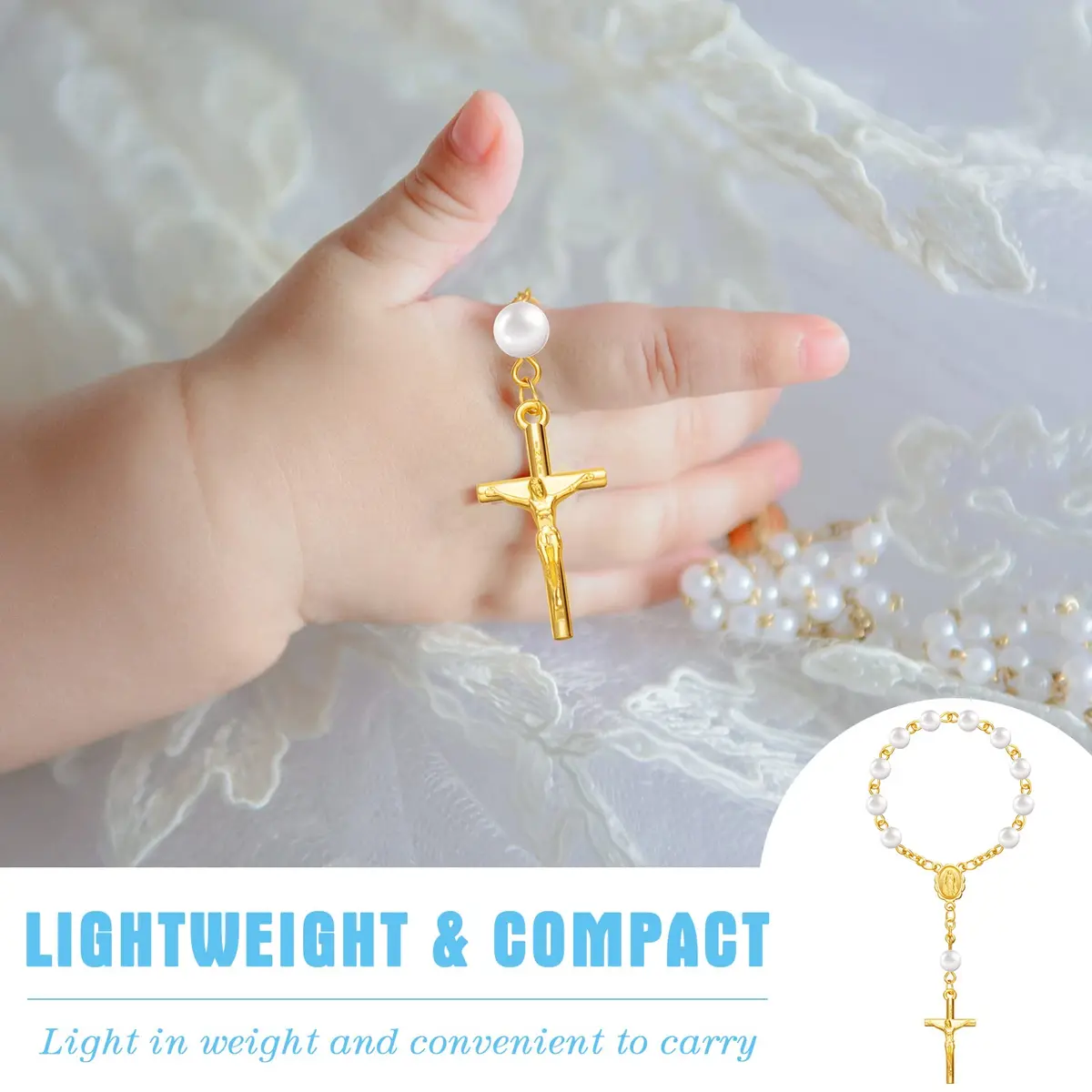 Yinkin Gold Party Favor Sets | 100 Pieces Baptism & Wedding Gifts (4.5 inch Rosaries, Boxes, Bags, Tags) - view 5