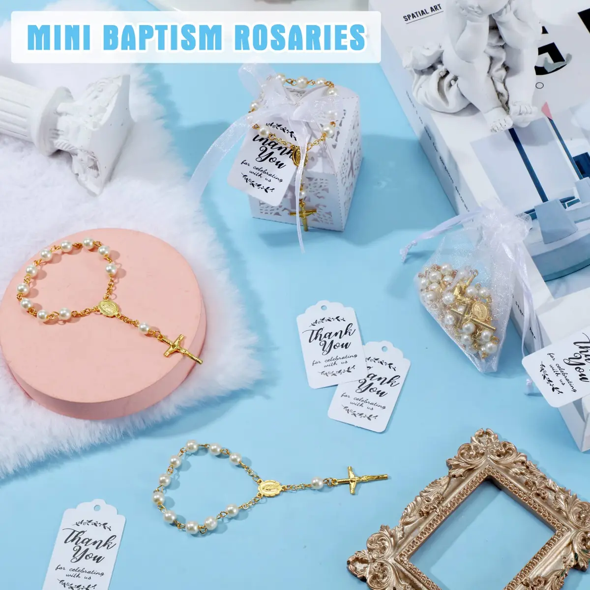 Yinkin Gold Party Favor Sets | 100 Pieces Baptism & Wedding Gifts (4.5 inch Rosaries, Boxes, Bags, Tags) - view 7