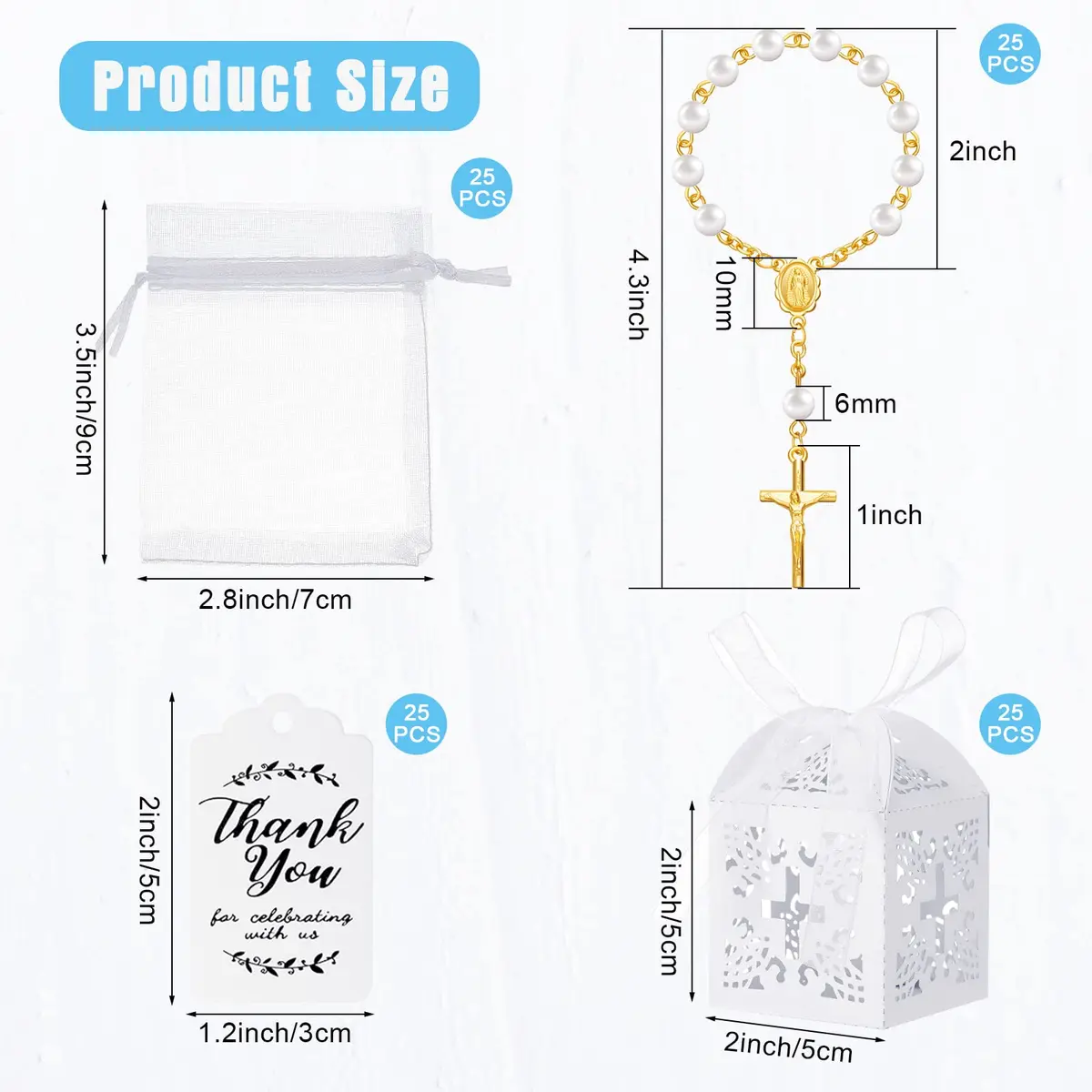 Yinkin Gold Party Favor Sets | 100 Pieces Baptism & Wedding Gifts (4.5 inch Rosaries, Boxes, Bags, Tags) - view 2