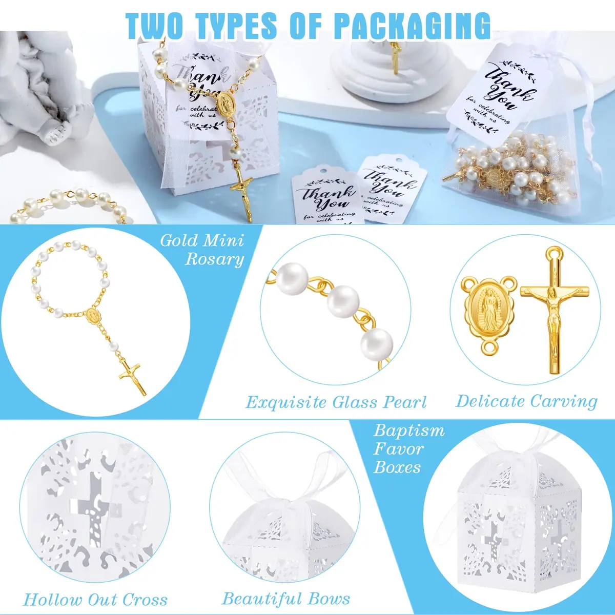 Yinkin Gold Party Favor Sets | 100 Pieces Baptism & Wedding Gifts (4.5 inch Rosaries, Boxes, Bags, Tags) - view 3