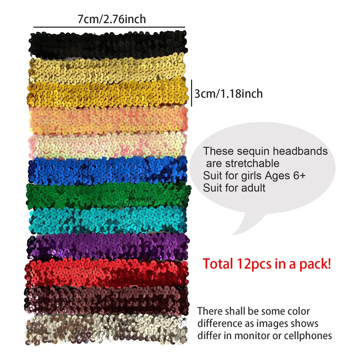 WEBGGER 12 Pack Sequin Headbands Elastic Stretch Sparkly Headband for Teens Girls Women | Fashion Hair Accessories - view 3