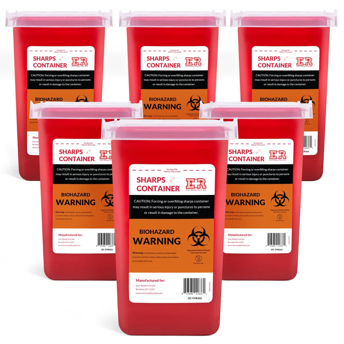 Ever Ready First Aid Sharps Container with Split Lid Design and Locking Mechanism, 1 Quart (6-Count Pack) - main product image