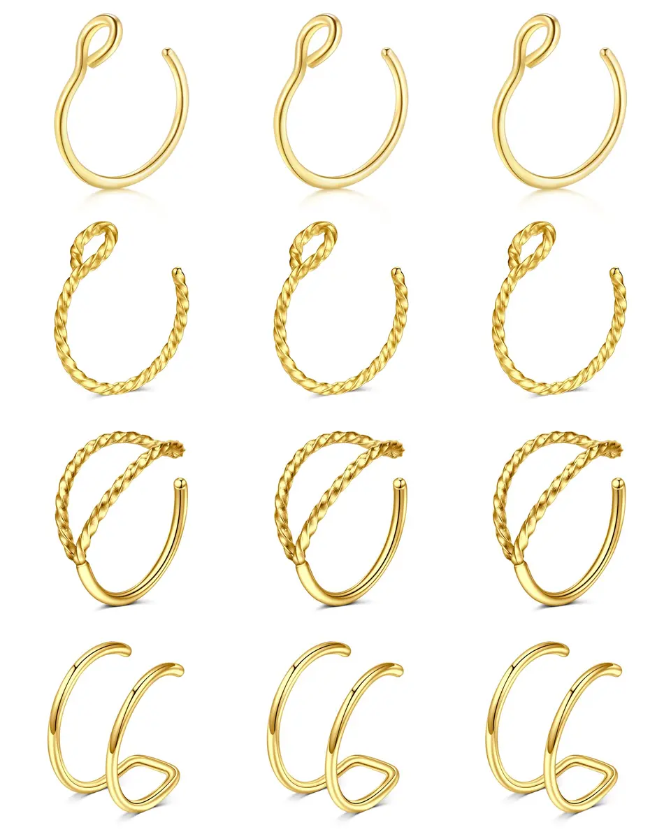 MODRSA Gold Fake Nose Ring Hoop Set for Women Men | 12 Pieces, 8mm Inner Diameter - main product image