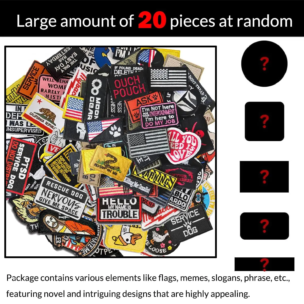 Harsgs 20pcs Random Tactical Morale Patches 2x3 Inch | Embroidered Hook & Loop Patches for Backpacks Vests Uniforms - view 2