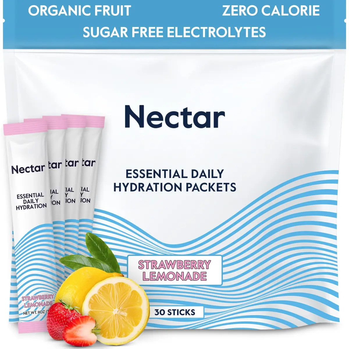 Nectar Hydration Powder Packets Strawberry Lemonade Flavor | Zero Sugar Zero Calorie Organic Fruit Electrolytes (30 Pack) - main product image