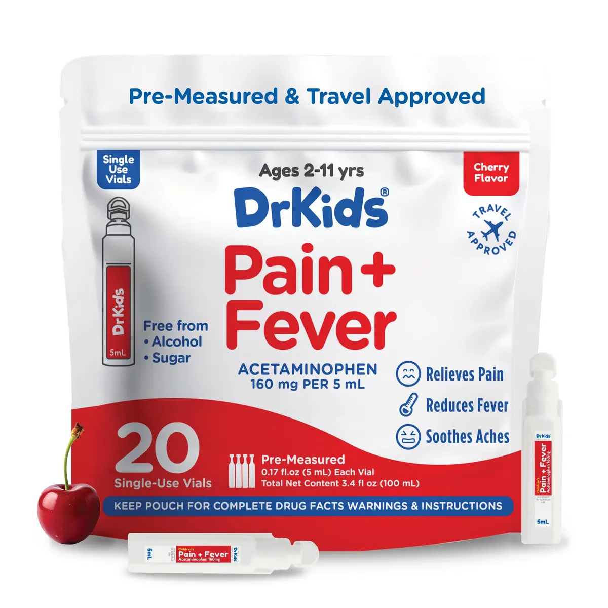 Dr. Kids Pain & Fever Medicine for Kids Ages 2-11, Cherry Flavor, 20 Count | Pre-Measured, Safe & Effective - main product image