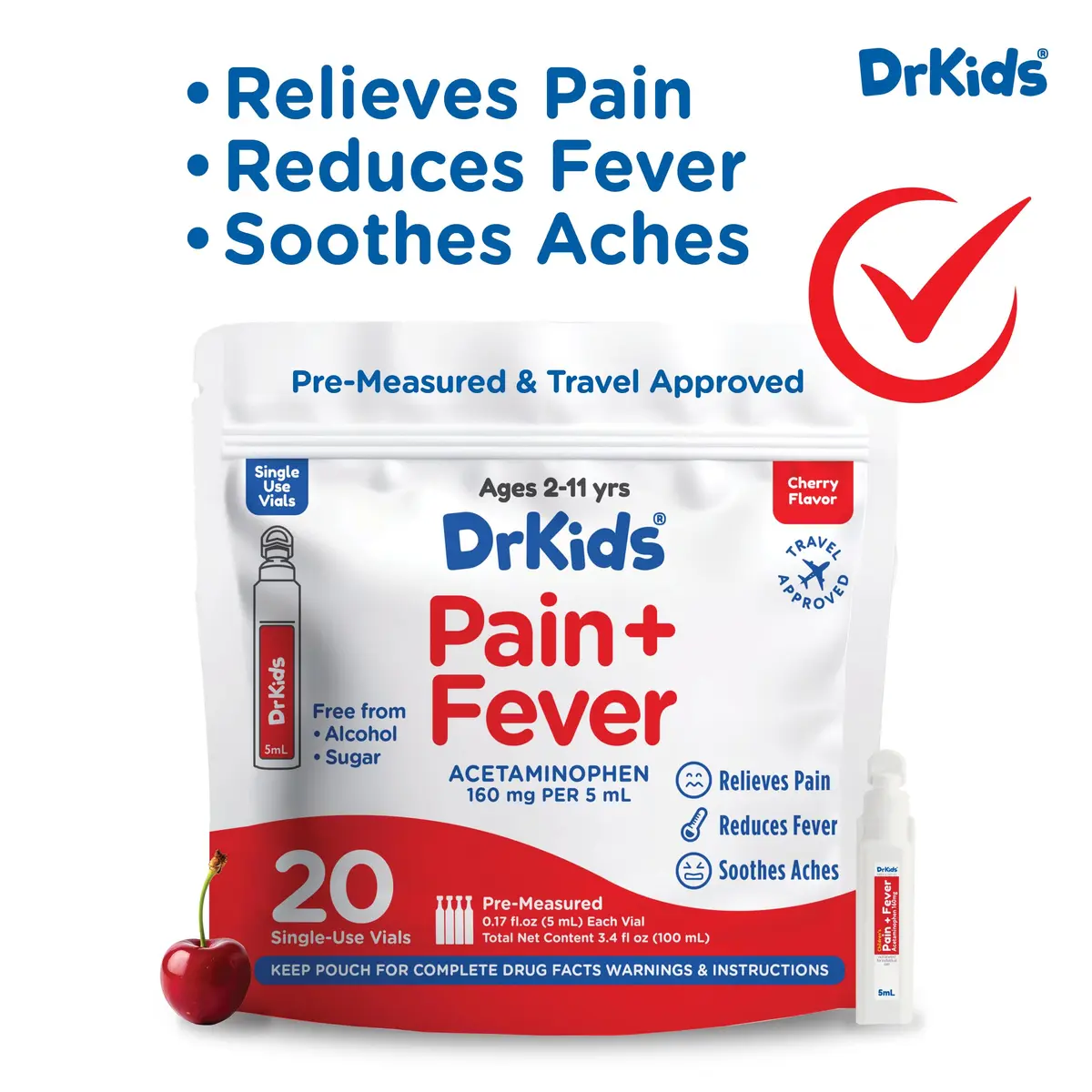 Dr. Kids Pain & Fever Medicine for Kids Ages 2-11, Cherry Flavor, 20 Count | Pre-Measured, Safe & Effective - view 7