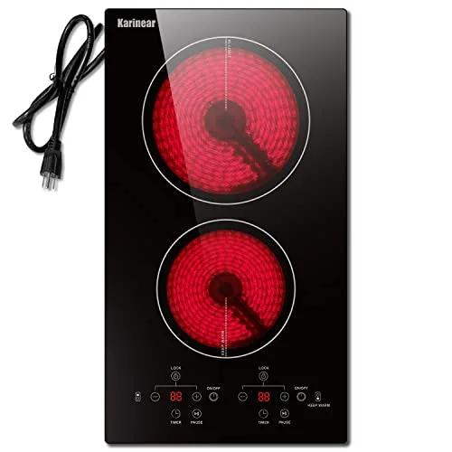 Karinear 2 Burners Electric Cooktop 12 Inch Black | Safe Plug-in Countertop & Built-in Ceramic Stove Top - main product image