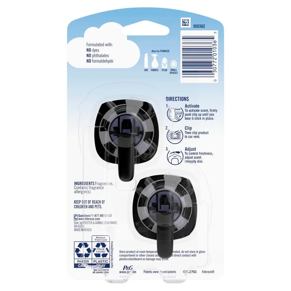 Febreze Car Vent Clip Air Freshener, Lush Scent, 2 Clips (0.14 Fl Oz / 4.4ml) | Eliminates Odors for Up to 80 Days - view 6