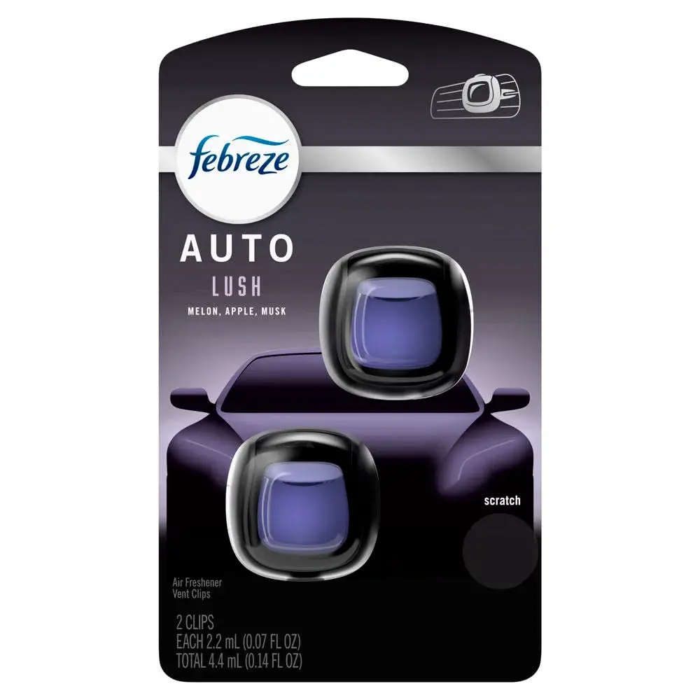 Febreze Car Vent Clip Air Freshener, Lush Scent, 2 Clips (0.14 Fl Oz / 4.4ml) | Eliminates Odors for Up to 80 Days - main product image