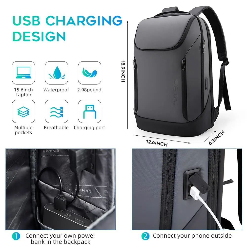 BANGE Business Waterproof Laptop Backpack 15.6 Inch | USB Charging Port & Travel Durability - view 5