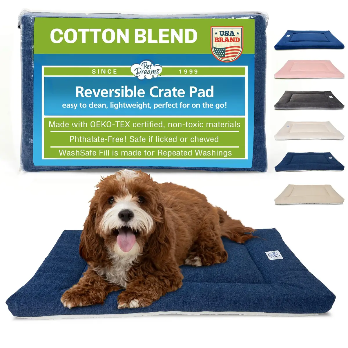 Pet Dreams Dog Crate Pad - Washable Kennel Mat, Non-Toxic, All-Season, Fits iCrate 18-48" | Reversible Sherpa & Cotton - main product image