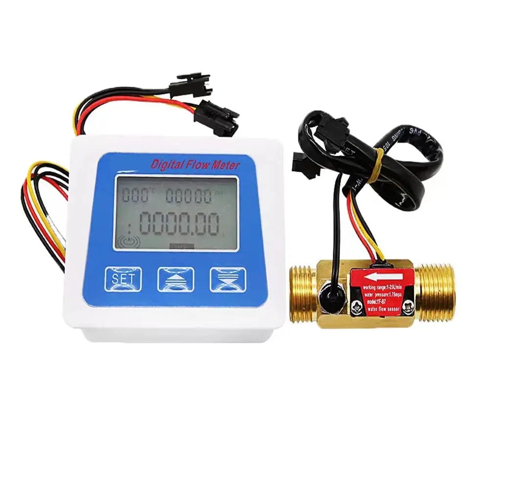 Lelukee Digital LCD Water Flow Totalizer and Rate Meter with G1/2" Hall Effect Sensor, 1-30L/min | DC24V - main product image