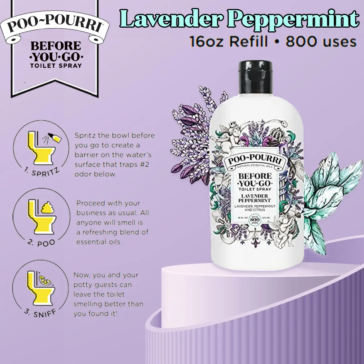 Poo-Pourri Before-You-Go Toilet Spray Refill Lavender Peppermint 473ml (16 Fl Oz) | Funk Lock Technology Odor Eliminator - view 3