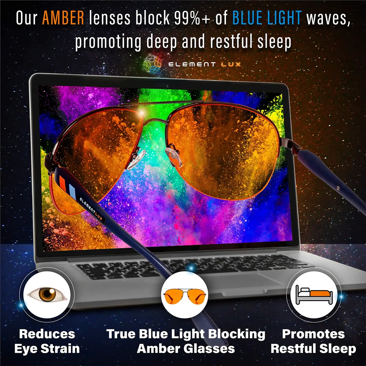 ELEMENT LUX Blue Light Blocking Glasses | 70% Light Amber Lenses | 57mm (2.24 inches) Aviator Style - view 6