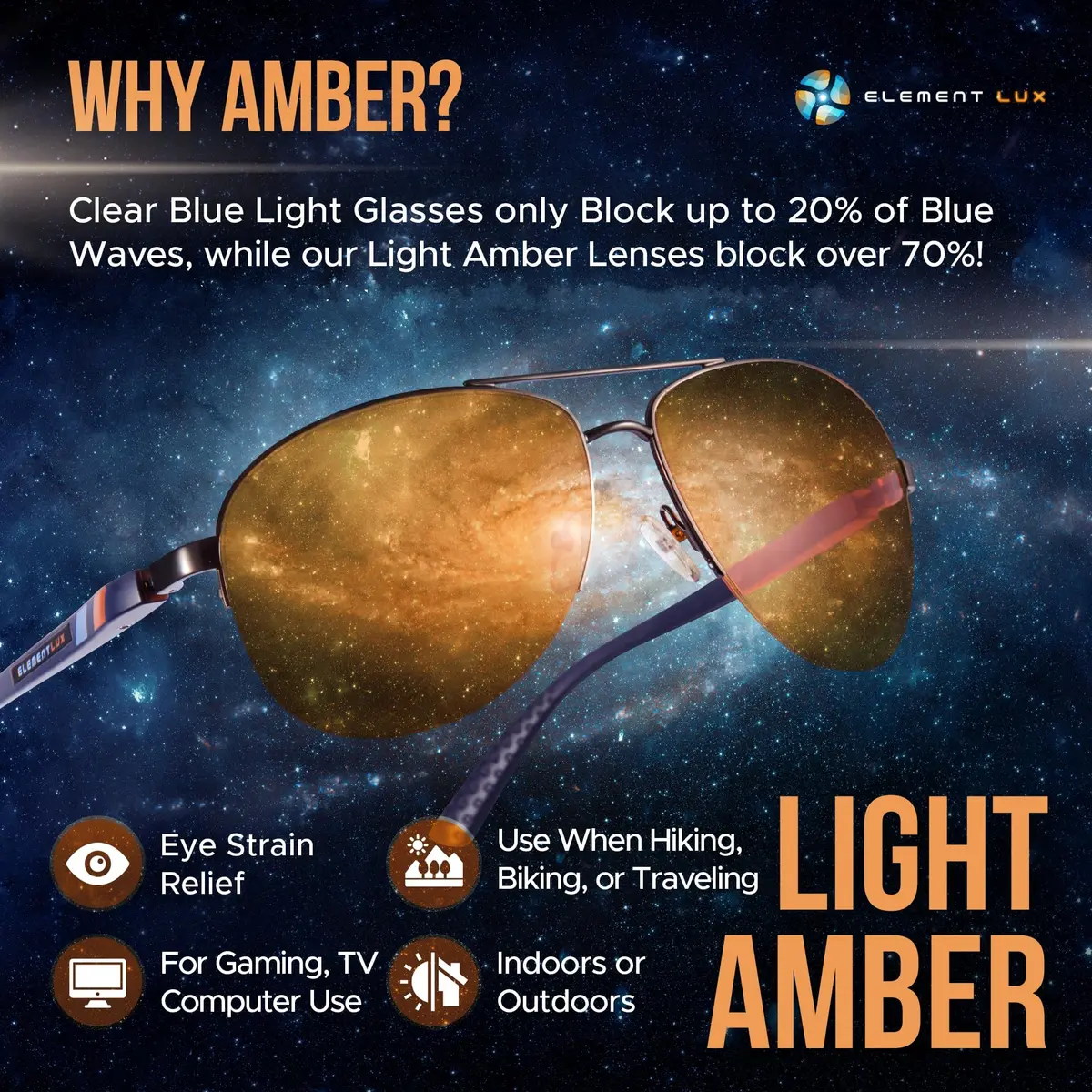 ELEMENT LUX Blue Light Blocking Glasses | 70% Light Amber Lenses | 57mm (2.24 inches) Aviator Style - view 2