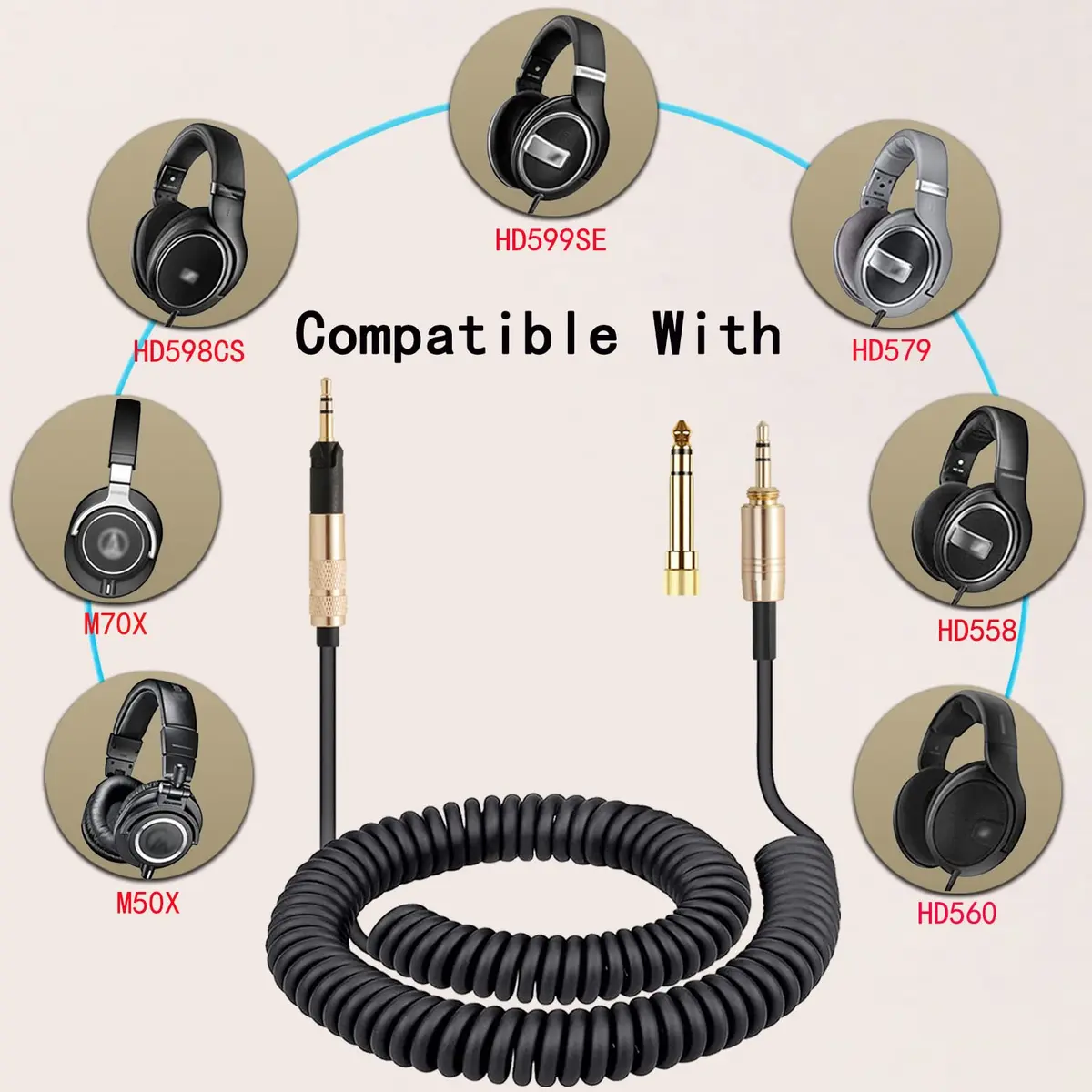 FAAEAL Coiled Audio Upgrade Cable Compatible with Sennheiser HD598Cs HD560s HD598SE HD620S HD400PRO HD599 ATH-M50x M70x Headphones 4.2ft-14ft | Audiophile Sound Enhancement - view 5