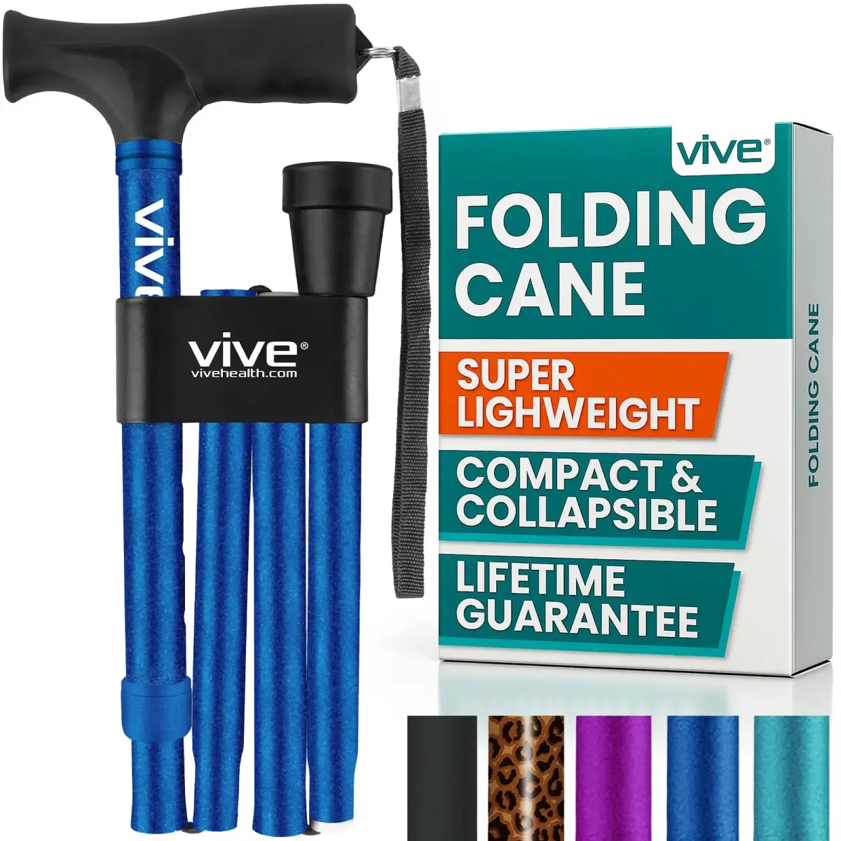 Vive Folding Cane - Foldable Walking Cane with Ergonomic Grip & Wrist Strap, Adjustable 33"-37", 8oz, Blue - main product image