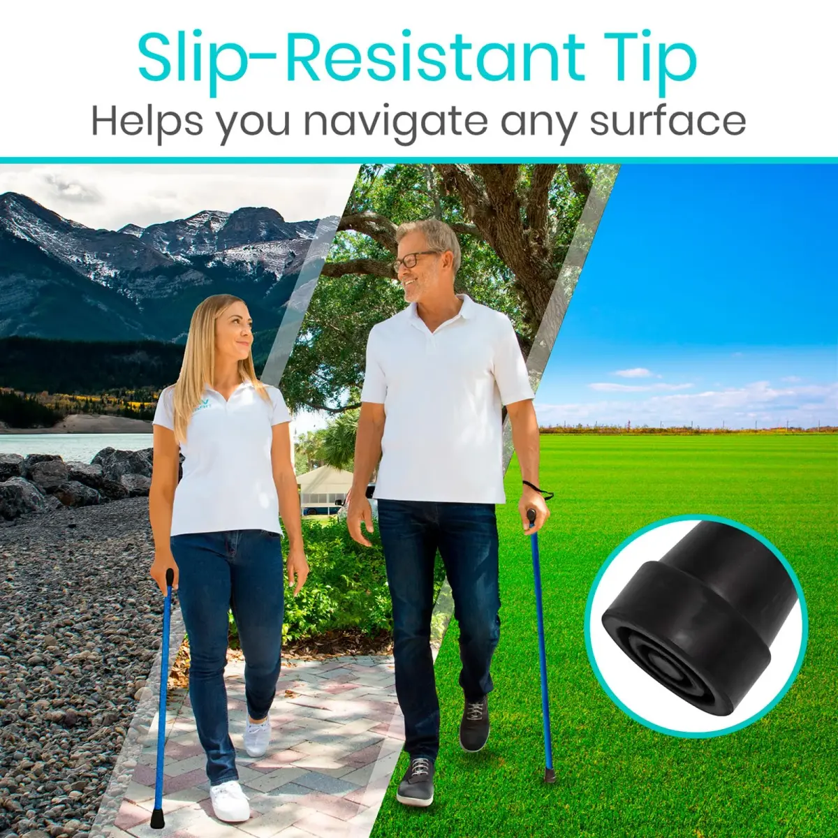 Vive Folding Cane - Foldable Walking Cane with Ergonomic Grip & Wrist Strap, Adjustable 33"-37", 8oz, Blue - view 6
