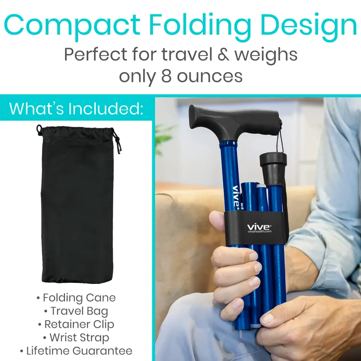 Vive Folding Cane - Foldable Walking Cane with Ergonomic Grip & Wrist Strap, Adjustable 33"-37", 8oz, Blue - view 2