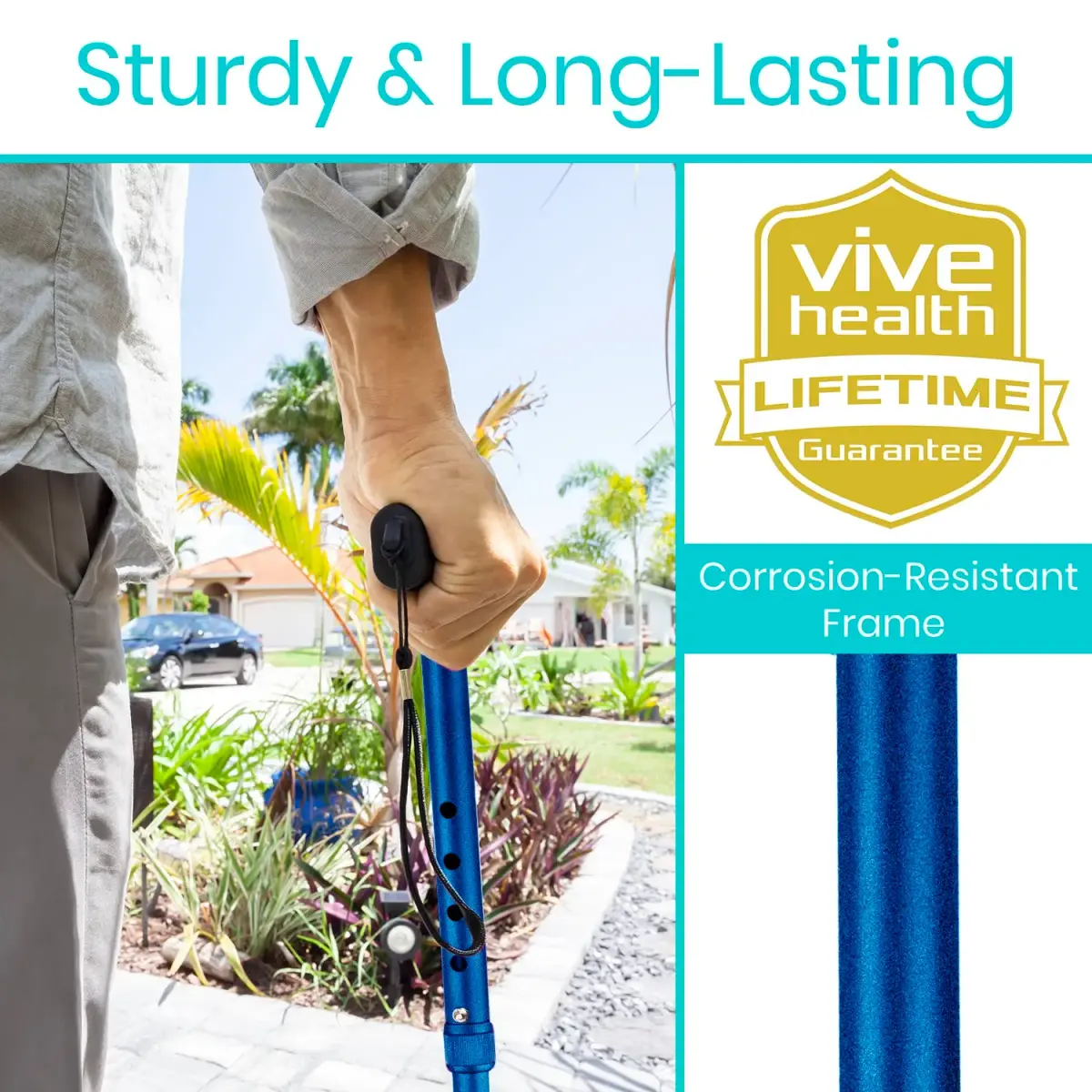 Vive Folding Cane - Foldable Walking Cane with Ergonomic Grip & Wrist Strap, Adjustable 33"-37", 8oz, Blue - view 3