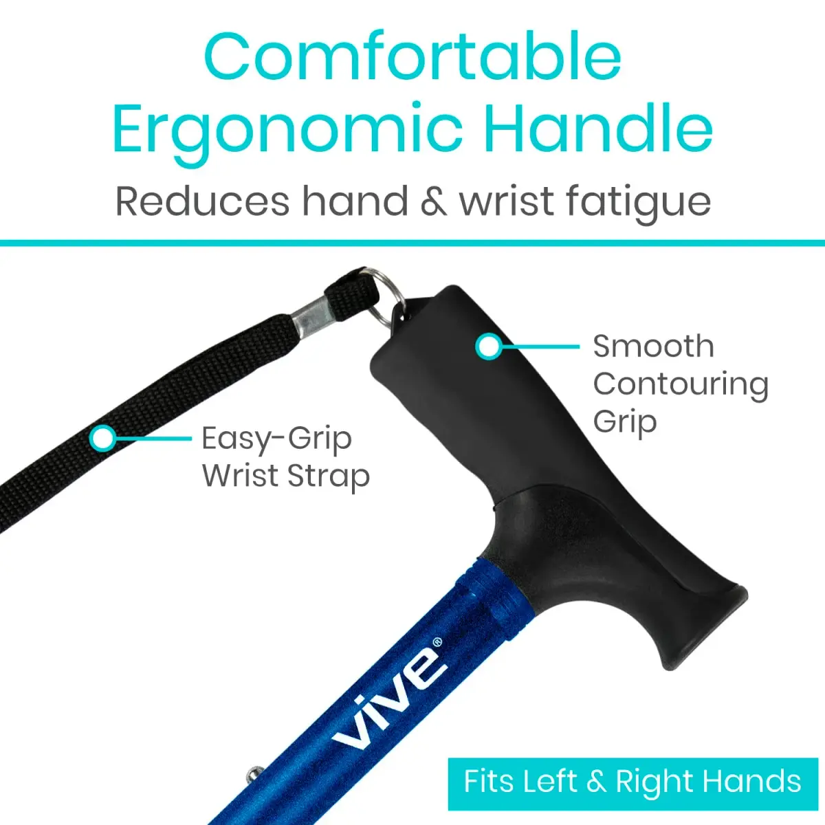 Vive Folding Cane - Foldable Walking Cane with Ergonomic Grip & Wrist Strap, Adjustable 33"-37", 8oz, Blue - view 4