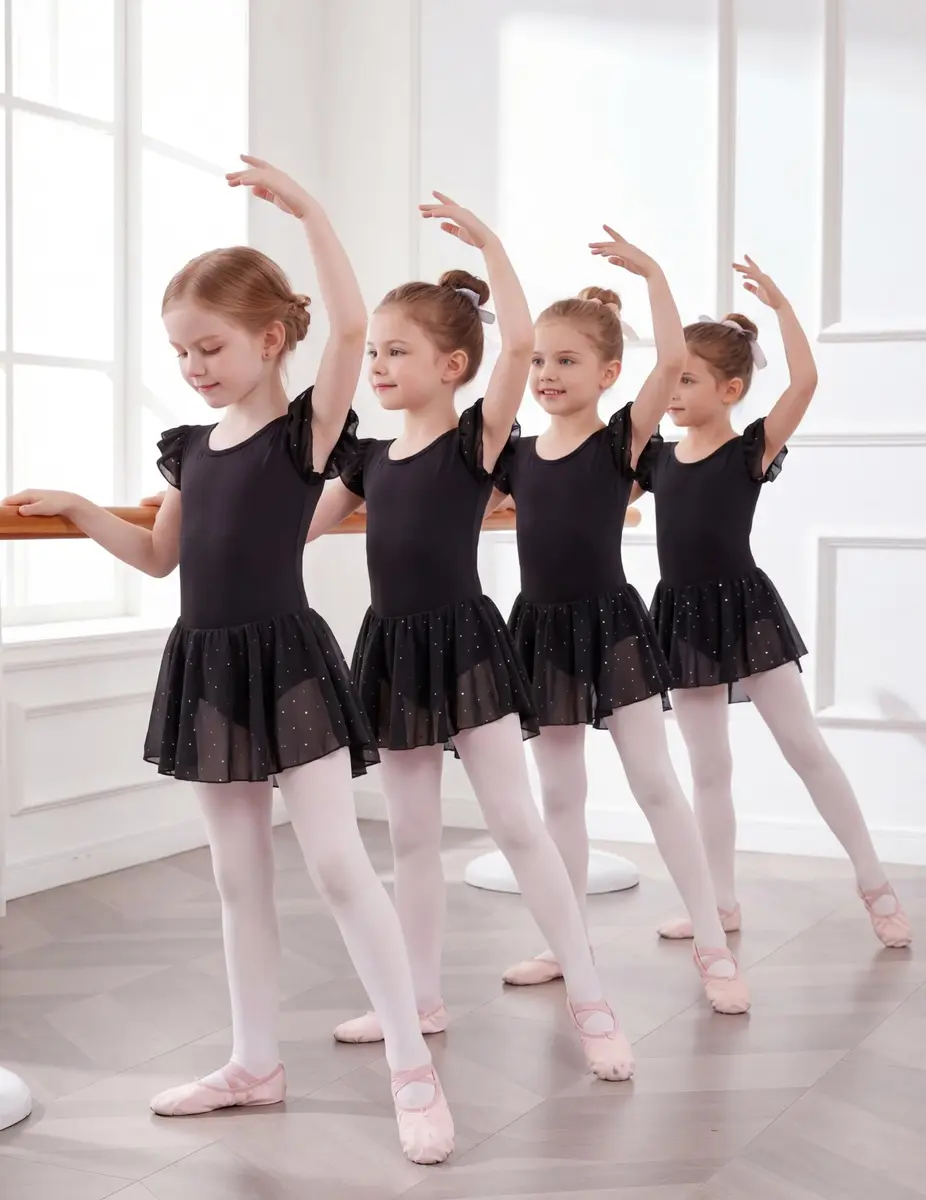 Arshiner Girls Ruffle Sleeve Ballet Leotard with Skirt Black 3-4T (100 cm) | Sparkle Double Layer Ruffle Sleeve - view 5