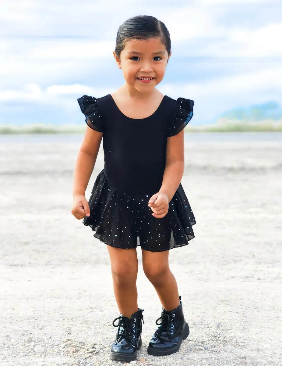 Arshiner Girls Ruffle Sleeve Ballet Leotard with Skirt Black 3-4T (100 cm) | Sparkle Double Layer Ruffle Sleeve - view 6