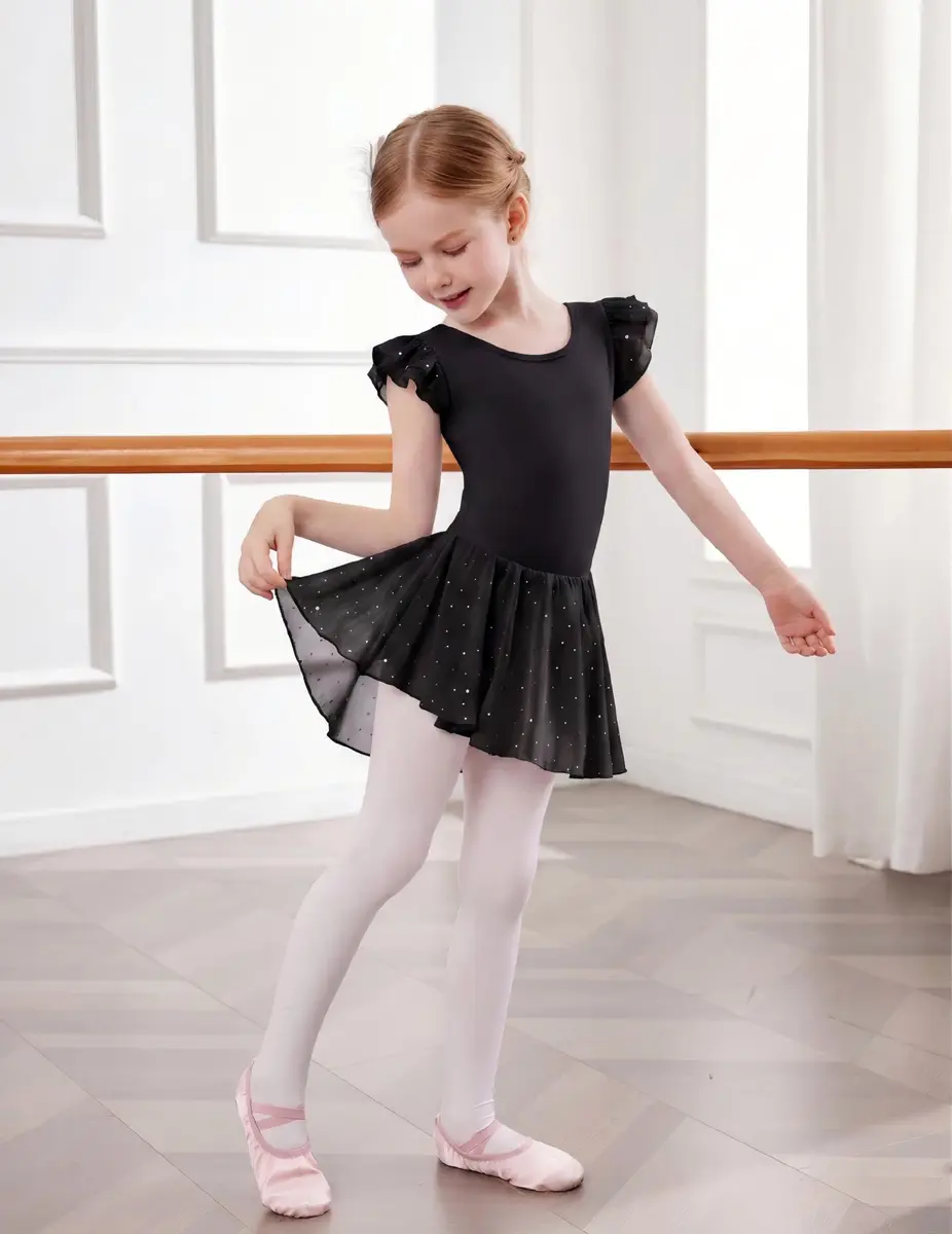 Arshiner Girls Ruffle Sleeve Ballet Leotard with Skirt Black 3-4T (100 cm) | Sparkle Double Layer Ruffle Sleeve - view 4