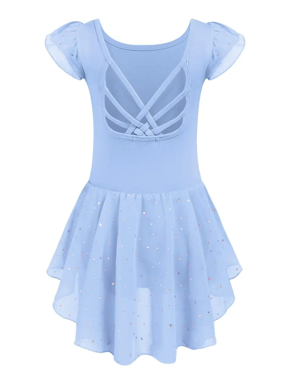 Arshiner Girls Ruffle Sleeve Ballet Leotard Dress with Skirt for Dance, Blue, 8-9 Years | Sparkle Double Layer Ruffle Sleeve - main product image