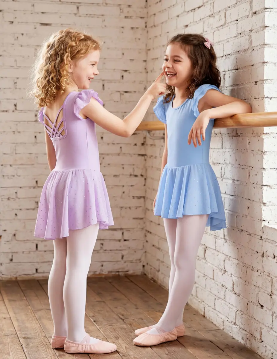 Arshiner Girls Ruffle Sleeve Ballet Leotard Dress with Skirt for Dance, Blue, 8-9 Years | Sparkle Double Layer Ruffle Sleeve - view 5