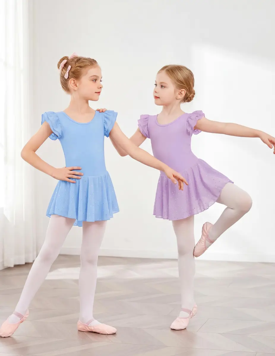 Arshiner Girls Ruffle Sleeve Ballet Leotard Dress with Skirt for Dance, Blue, 8-9 Years | Sparkle Double Layer Ruffle Sleeve - view 6