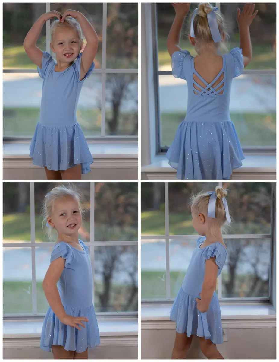 Arshiner Girls Ruffle Sleeve Ballet Leotard Dress with Skirt for Dance, Blue, 8-9 Years | Sparkle Double Layer Ruffle Sleeve - view 7
