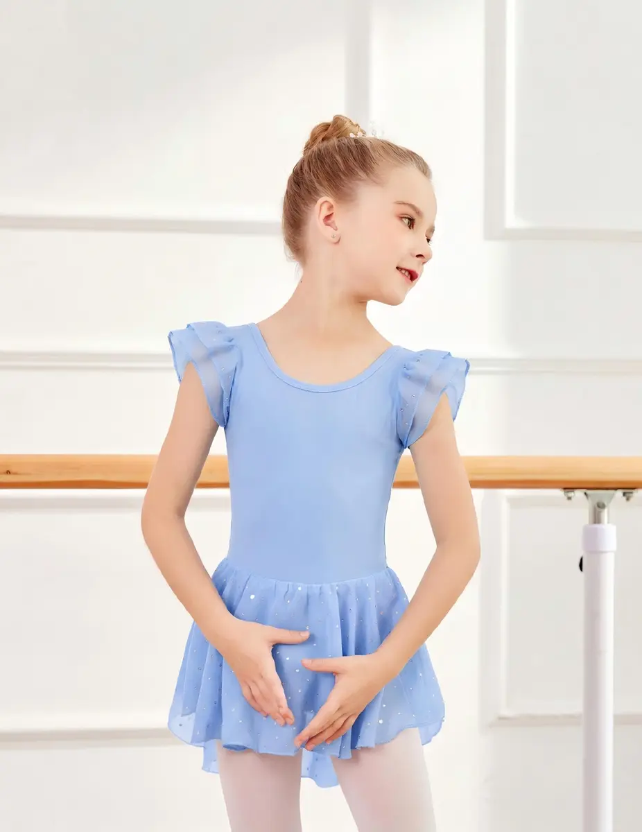Arshiner Girls Ruffle Sleeve Ballet Leotard Dress with Skirt for Dance, Blue, 8-9 Years | Sparkle Double Layer Ruffle Sleeve - view 2