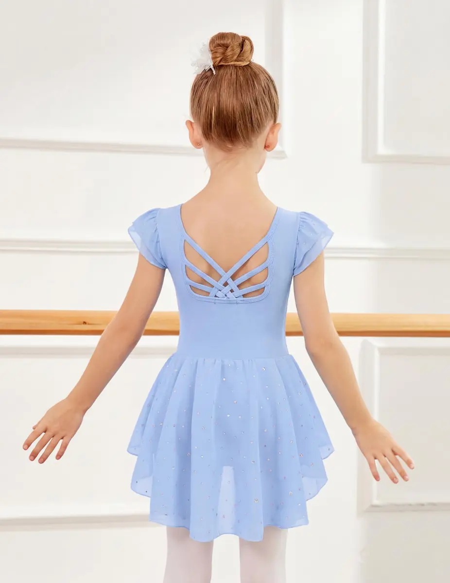 Arshiner Girls Ruffle Sleeve Ballet Leotard Dress with Skirt for Dance, Blue, 8-9 Years | Sparkle Double Layer Ruffle Sleeve - view 3