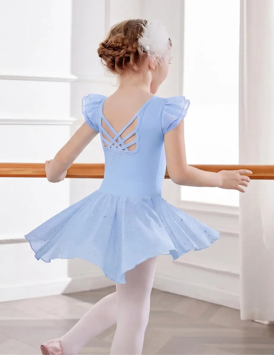 Arshiner Girls Ruffle Sleeve Ballet Leotard Dress with Skirt for Dance, Blue, 8-9 Years | Sparkle Double Layer Ruffle Sleeve - view 4