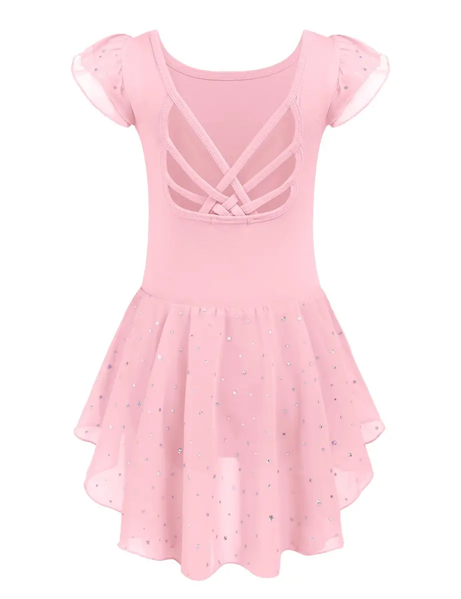 Arshiner Girls Ruffle Sleeve Ballet Leotard Dress with Skirt - Ballet Pink, 4-5T | High Stretch Dancewear - main product image