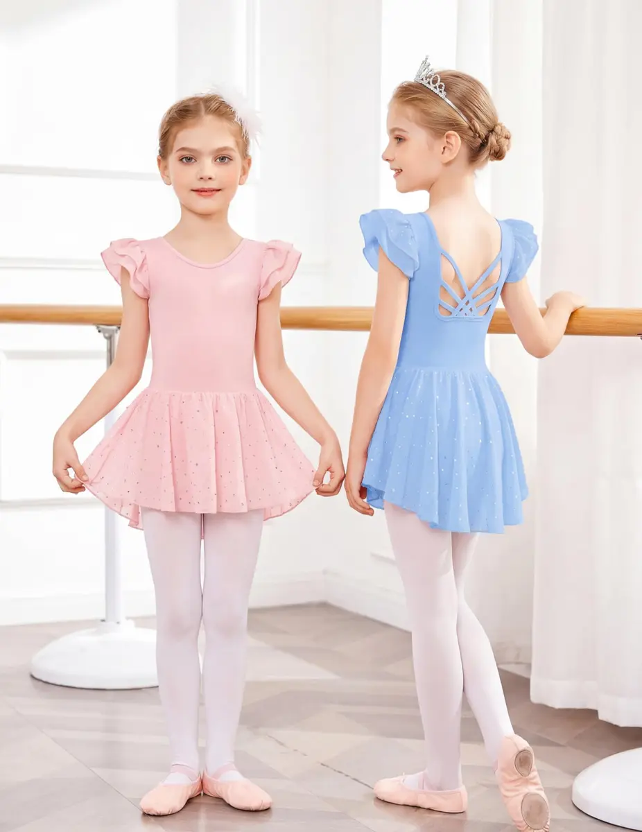 Arshiner Girls Ruffle Sleeve Ballet Leotard Dress with Skirt - Ballet Pink, 4-5T | High Stretch Dancewear - view 7
