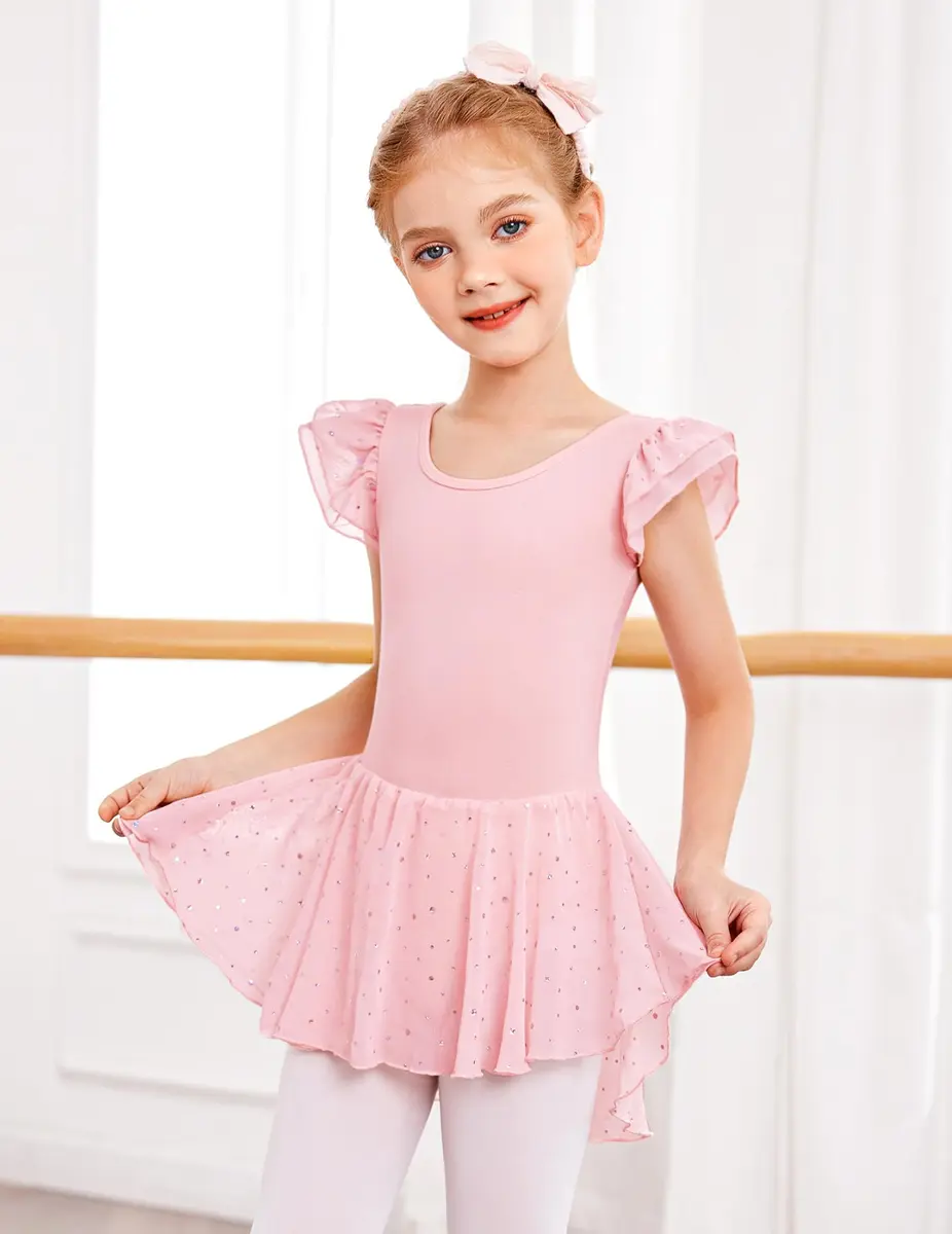 Arshiner Girls Ruffle Sleeve Ballet Leotard Dress with Skirt - Ballet Pink, 4-5T | High Stretch Dancewear - view 3
