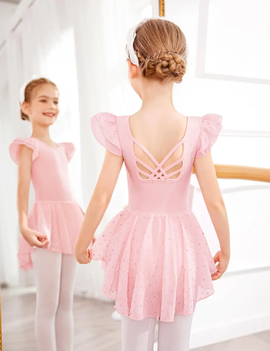 Arshiner Girls Ruffle Sleeve Ballet Leotard Dress with Skirt - Ballet Pink, 4-5T | High Stretch Dancewear - view 4