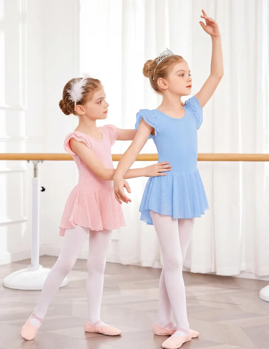 Arshiner Girls Ruffle Sleeve Ballet Leotard with Chiffon Skirt | Ballet Pink, 6-7 Years - view 6