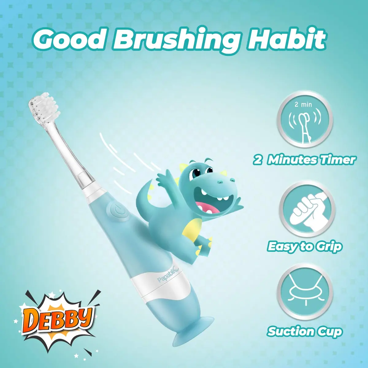 Papablic Debby Toddler Sonic Electric Toothbrush for Ages 1-3, Blue Dino with 4 Brush Heads | Gentle Sonic Vibrations & Smart Timer - view 8