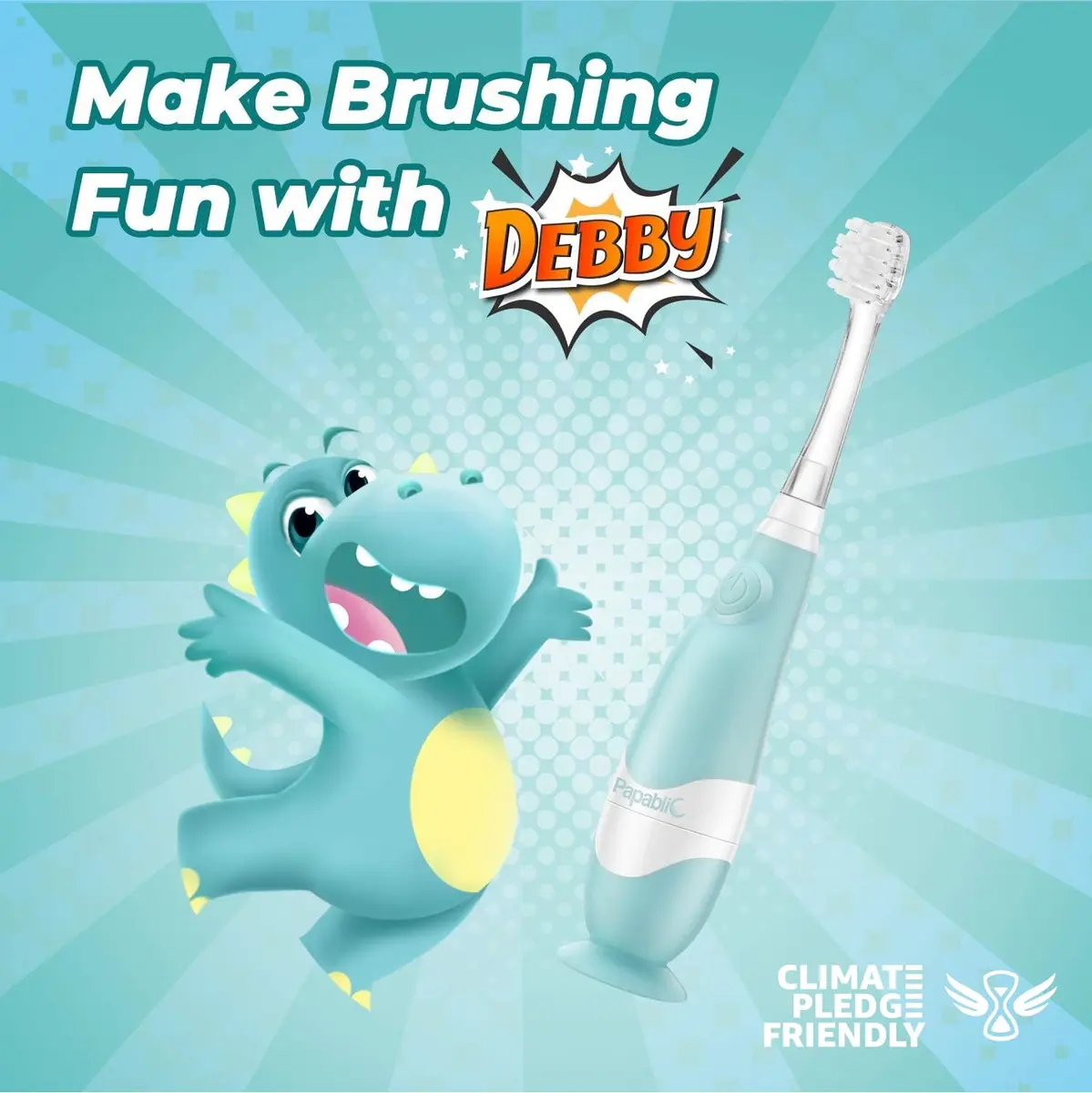 Papablic Debby Toddler Sonic Electric Toothbrush for Ages 1-3, Blue Dino with 4 Brush Heads | Gentle Sonic Vibrations & Smart Timer - view 2